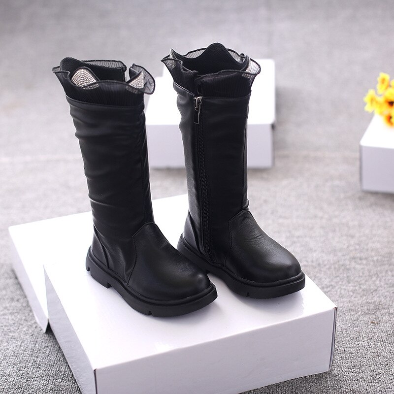 Winter meisjes laarzen effen kleur kinderen kniehoge laarzen kant strass meisjes prinsessenschoenen maat 26-30 sl025: Sl025 zwarte / Cn 30 binnenzool 18cm
