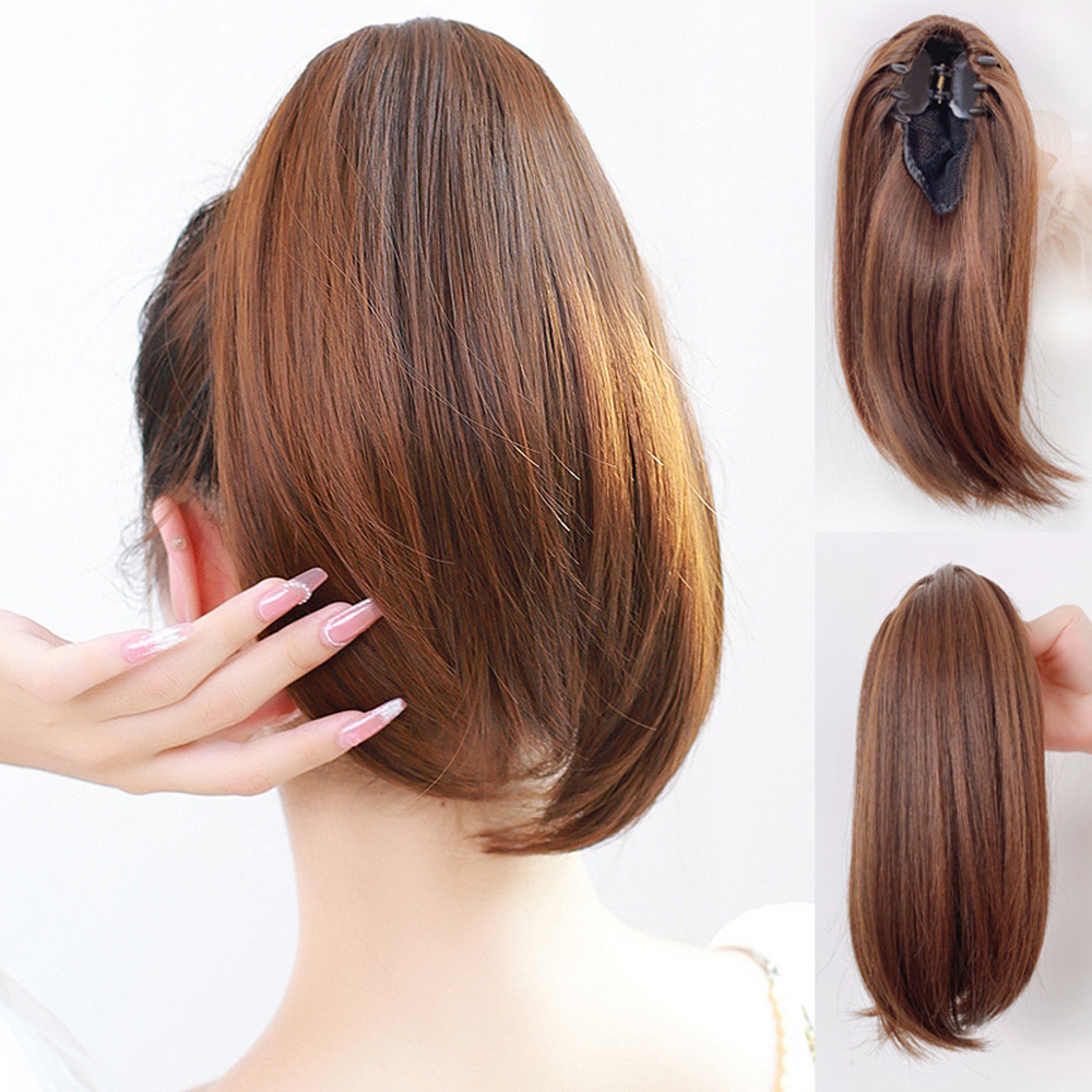 Pelucas sintéticas con Clip de cola de caballo recta corta de 38cm para mujeres extensiones de cabello de cola de caballo falsas ligeramente deformadas y esponjosas naturales
