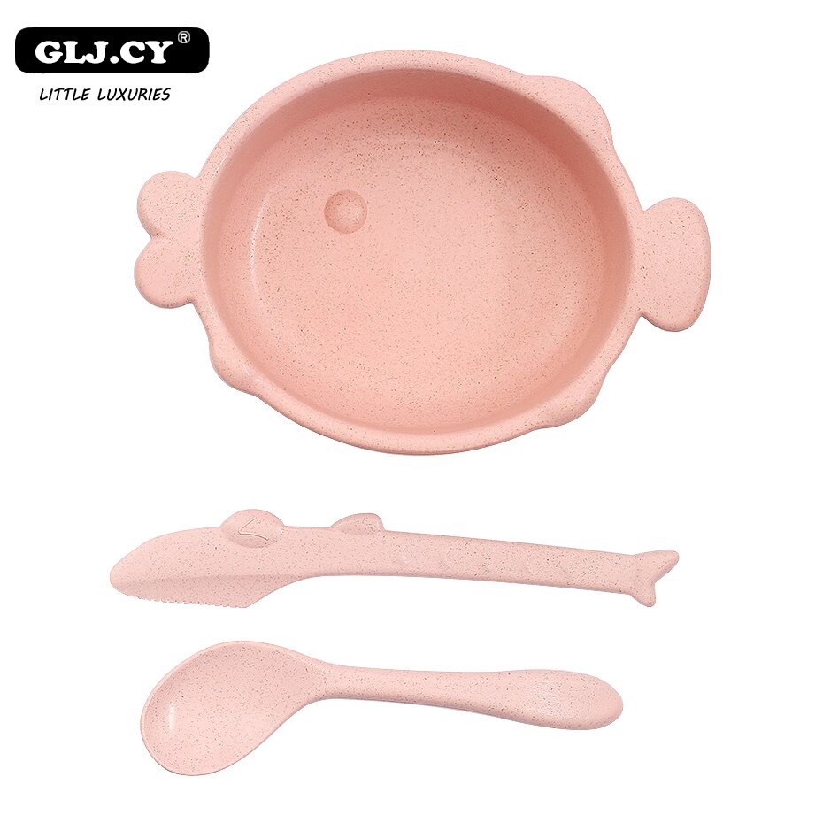 3 unids/set alimentación de bebé alimentos vajilla Boca de pescado de paja de trigo de la protección del medio ambiente de formación de los niños vajilla placa: pink set