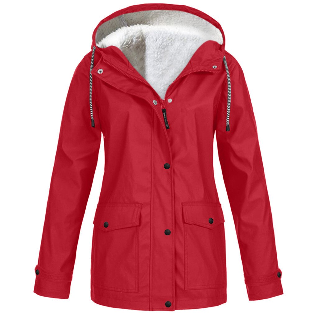 Vrouwen Pluche Jassen Winterjas Jas Vrouwen Outdoor Solid Jacket Plus Size Waterdichte Hooded Regenjas Windjack Lichtgewicht: Red / XL