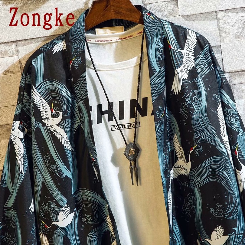 Zongke Kimono Cardigan Casual Shirt Men Slim Fit Japanese Kimono Men Shirt Male Blouse Brand Plus Size M-3XL