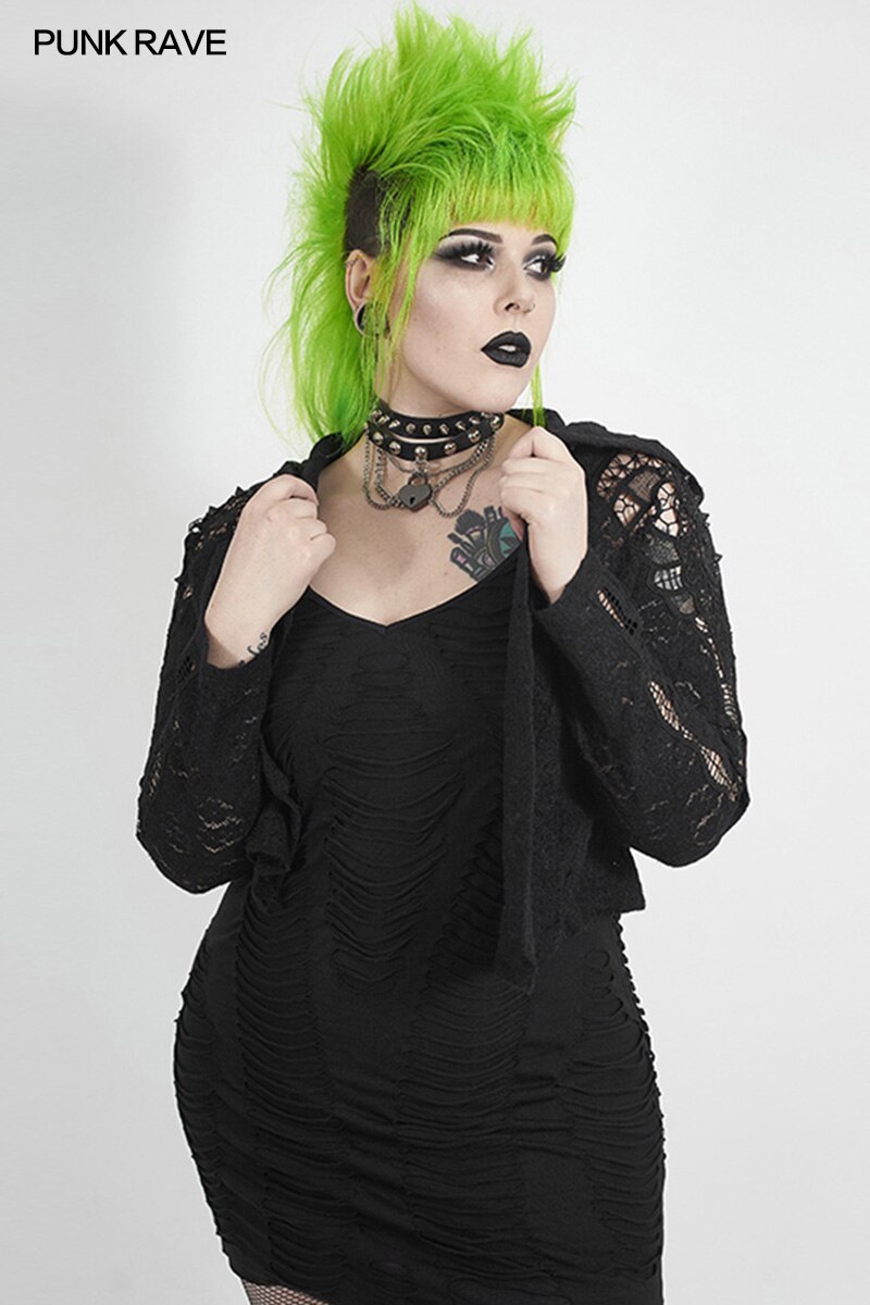 PUNK RAVE – manteau gothique Rose noir ajouré pour femmes, grande taille, personnalité, beau Costume de musique Rock, veste courte