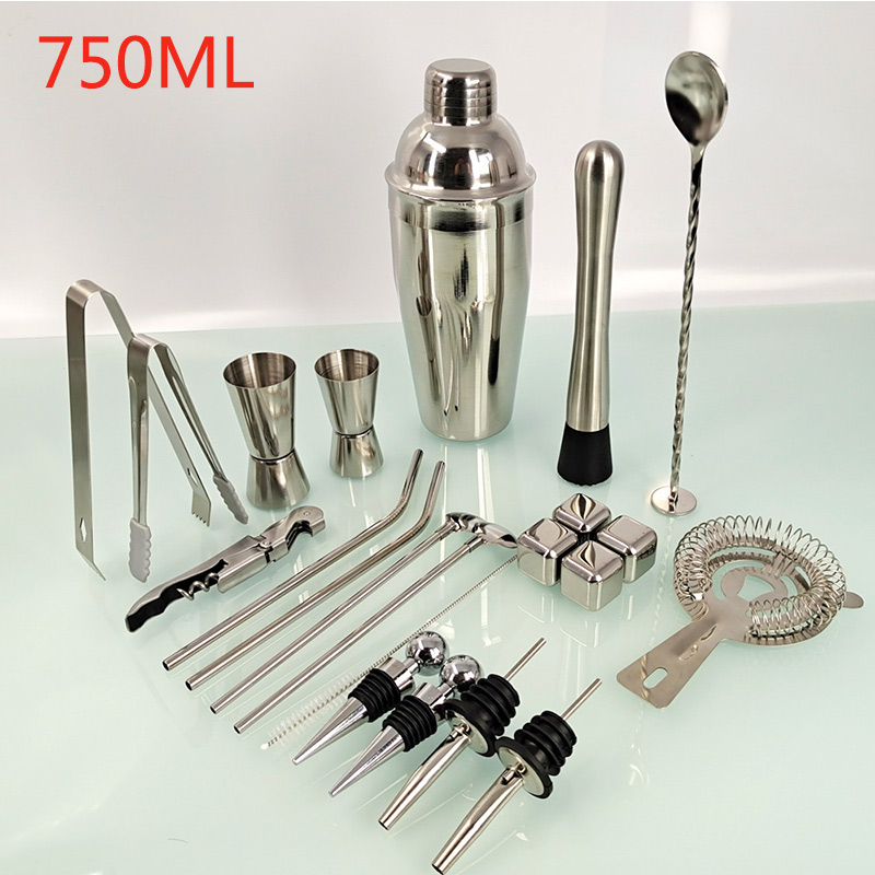 22pcs Stainless Steel Cocktail Shaker Mixer Wine Martini Boston Shaker For Bartender Drink Party Bar Tools 550ML/750ML: D