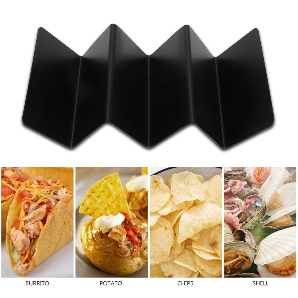 1pc taco holder rustfritt stål taco brett stativ meksikansk pizza rull hylle bakervarer til taco burrito potetgull skall (svart)