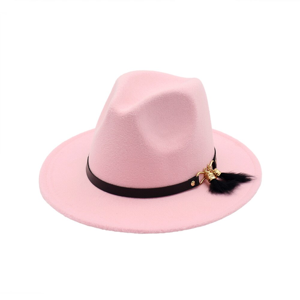 HanXi Winter Women Hat Wool Fedoras Felt Hat Lady Classical Flat Brim Cap PU Leather Band Metal Buckle: pink