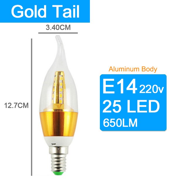Led bulb E14 Aluminum 3W 6W 9W 12W Led Lamp AC 220V LED Candle Bulb Cool Warm White Lampada Bombillas Lumiere Lampara led light: Gold Tail 25LED / Warm White