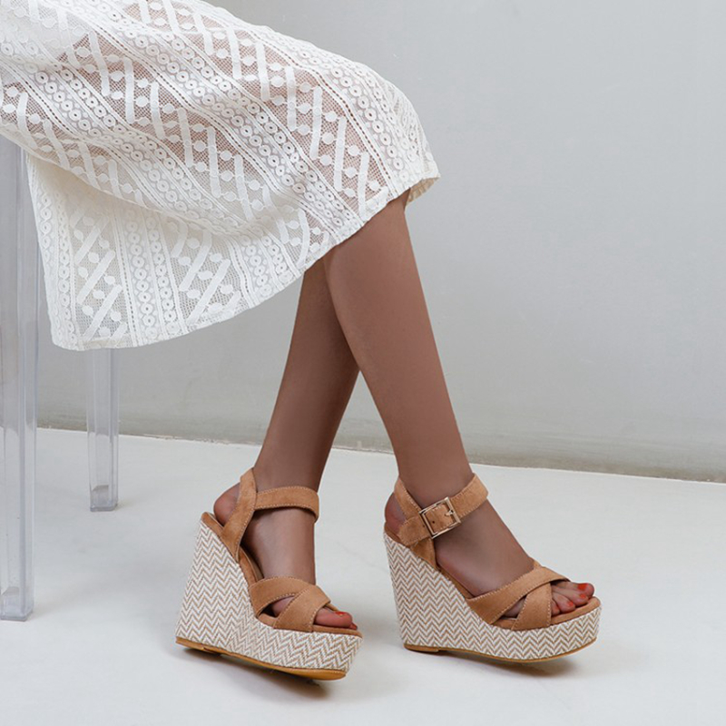 REAVE CAT Summer Slingbacks Open Toe Stretch Fabric Buckle Cross Strap 12.5cm Wedge Sandal With Platform Size 30-48 Hemp