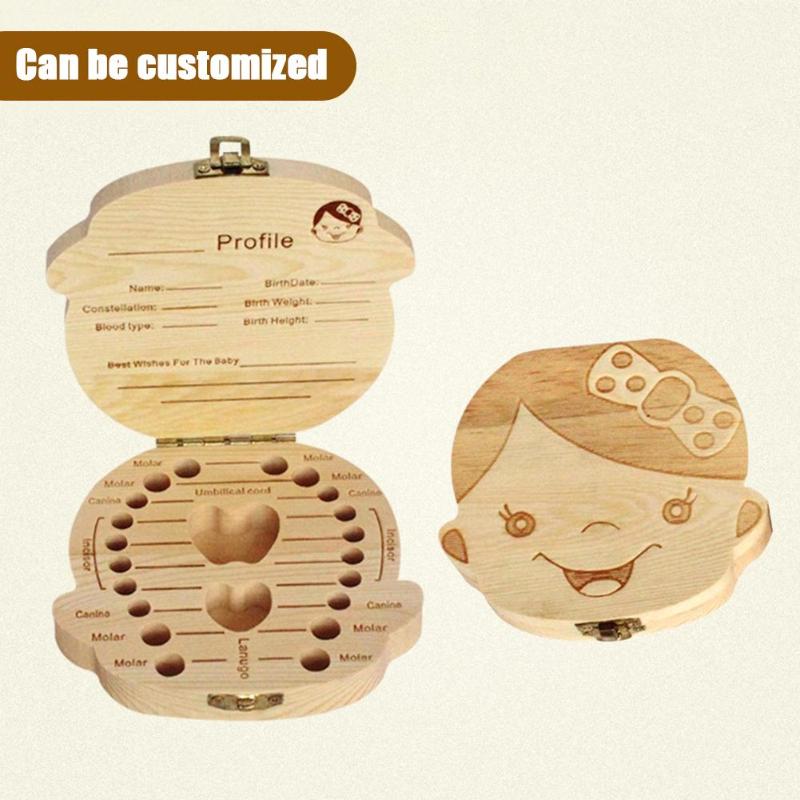 Drewniane dziecko dzieci ząb schowek angielski/hiszpańnarty/francuski/rosyjski/włoski zęza pomocą pępowiny Lanugo organizator prezent pamiątki zapisz
