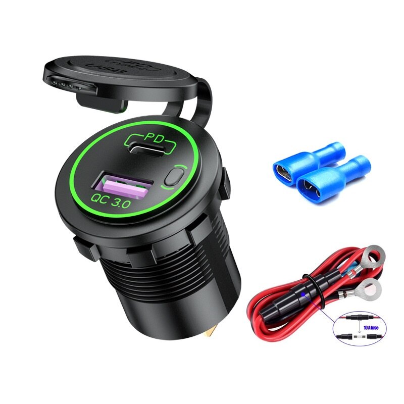60w pd type c /qc 3.0 usb-laturi painikekytkimellä led volttimittarin pistorasia pikalataus 12v 24v auton kuorma-auton moottoripyörän rv:lle: Green-line-standardi