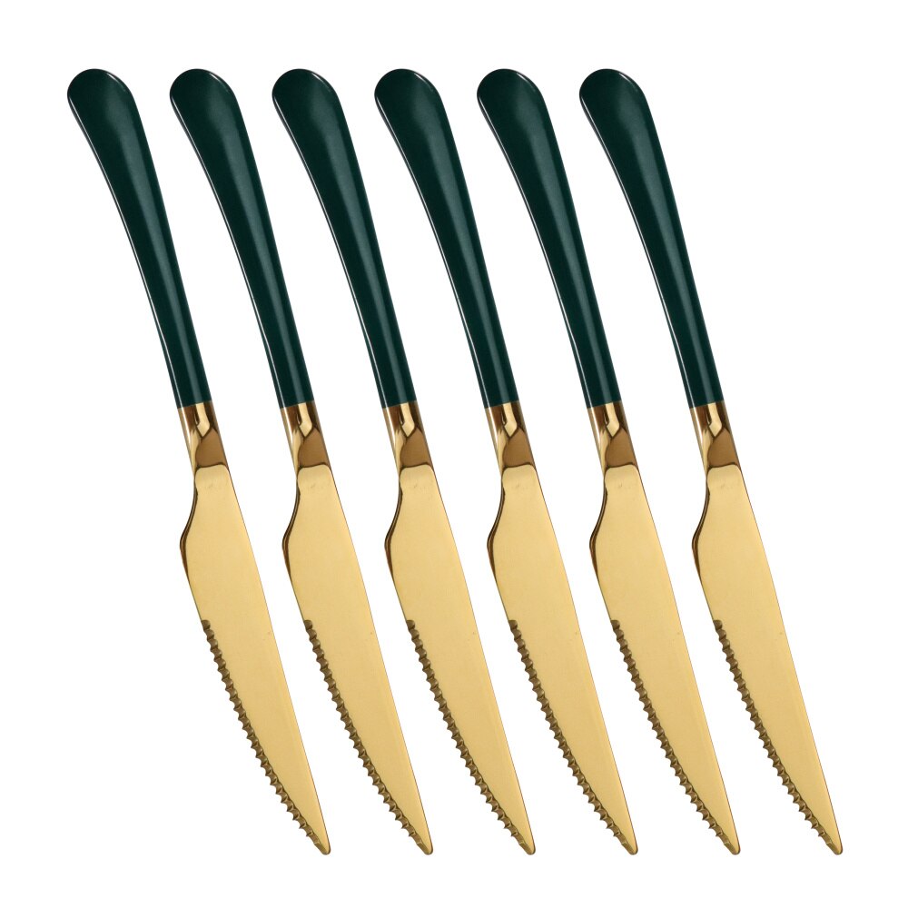 6pcs/set Stainless Steel Steak Knife With Long Handle Titanium Plating Gold Dinner Knives Luxurious Western Flatwares: 6pcs green gold