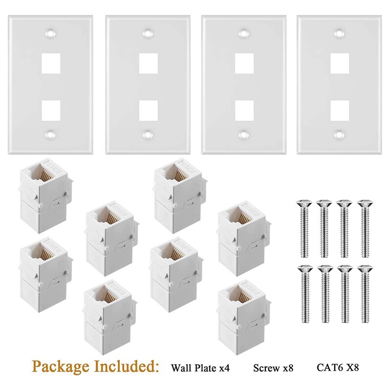 4 Pieces 2 Port Ethernet Wall Plate, RJ45 Cat6 Female to Female Jack Inline Coupler FacePlates (White)