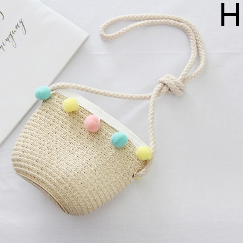 Summer Child Beach Sun Hats Children Girls Straw Bucket Hats Wide Brim Pompom Travel Beach Hats Accessories: H