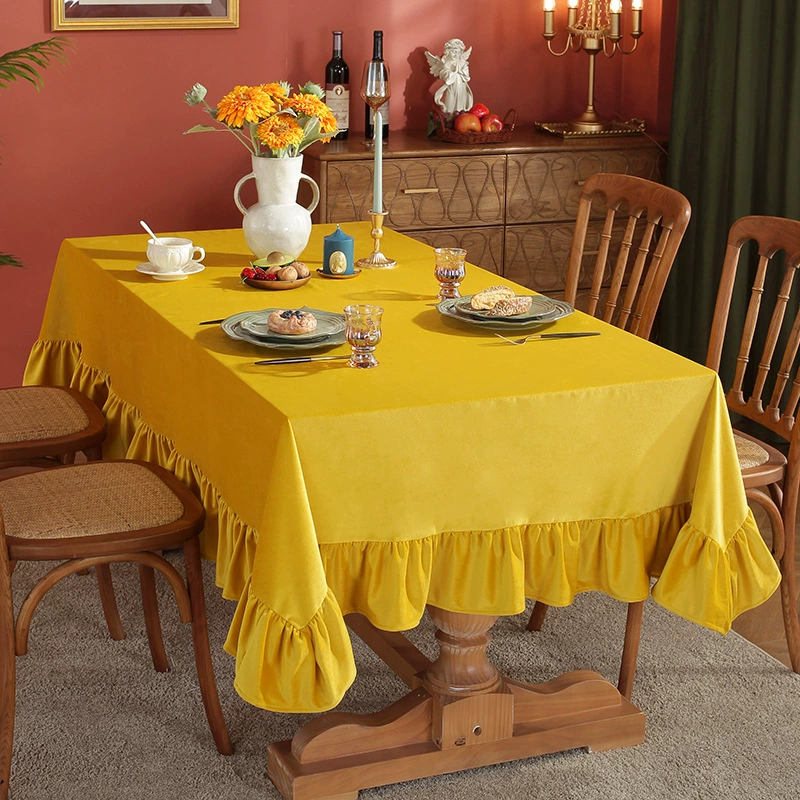 Velvet Tablecloth Luxurious Solid Rectangle Table Cloth,Oblong Retro Farmhouse Ruffle Tablecloth Washable Table Cover for Table: Yellow / 132*132cm
