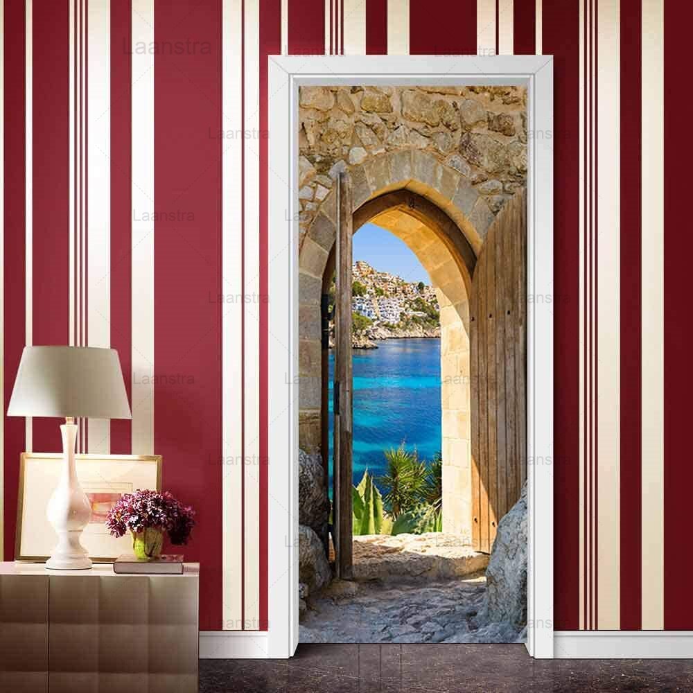 Retro Roman Home Decoration Door Stickers Landscape Bedroom Door Outside The Arches Room Self-Adhesive Waterproof Wall Poster