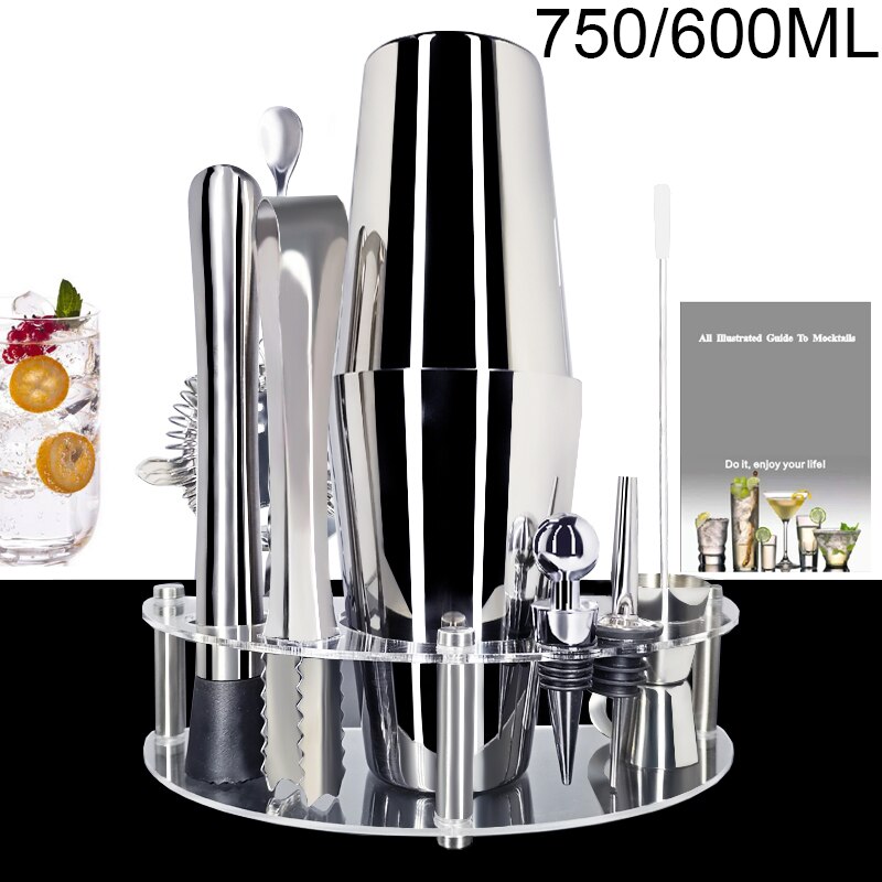 Stainless Steel Martini Shaker with Stand + Drink Recipe 450/600/750ml Cocktail Shaker Set 1-12 Pieces Barware Kit: 12Pc 750 600ml Rack
