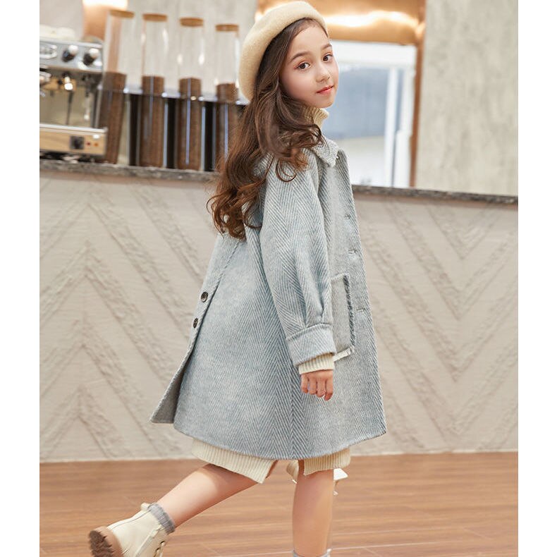 Children Girl Wool Coat Blends Jacket For Autumn Single-Breasted Turn Collar Big Pockets Solid Girls Coats