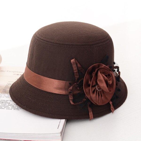 Zuivere koepelvormige wollen dames fedora dames lente winter hoeden voor vrouwen fedora's bloemen effen wol dame gorras brede rand meisjes fedora's: Koffie