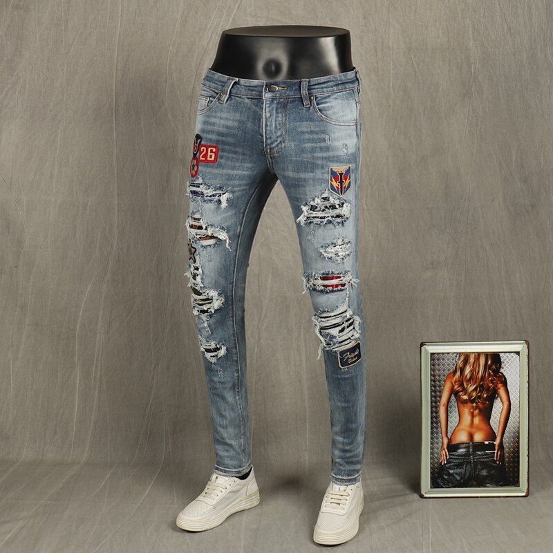 Streetwear mænd jeans elastisk slim fit revet punk bukser retro blå patches hip hop lange bukser: 38