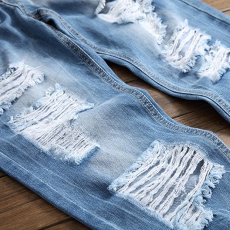 Original Style Worn-Out Middle-Waist Jeans European American Summer Light Blue Ripped Denim Pants Fashionable Trouser