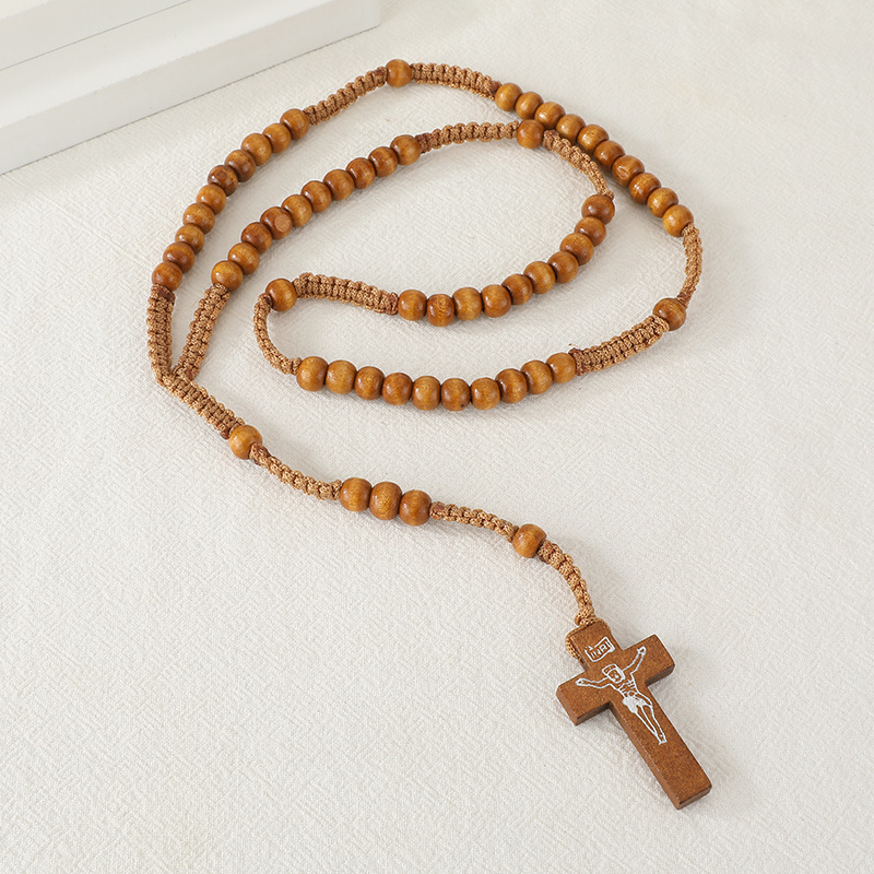 F2 5pcs Wooden Rosary Jesus Imprint Catholic Unisex Style Natural Wooden Bead Cross Rosary Necklace Jewelry For Men Women Light: Light Grey
