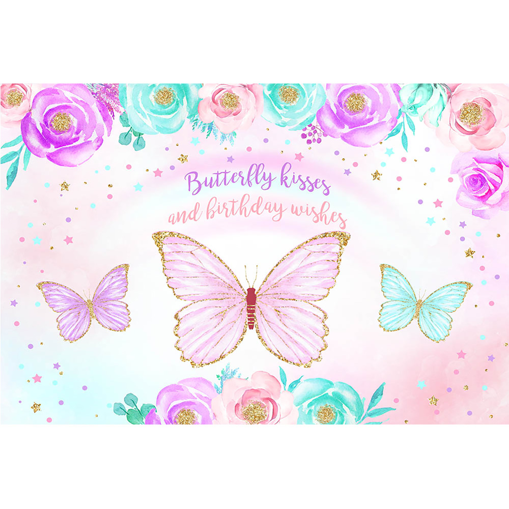 Embrasses papillon et vœux d'anniversaire, décor aquarelle, fleurs papillon elfes, arrière-plan, fournitures de Smash de gâteau d'anniversaire pour fille