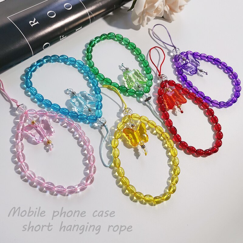 Crystal Bead Butterfly Mobile Phone Chain Cellphone Strap Anti-lost Lanyard For Women Summer Wrist Jewelry