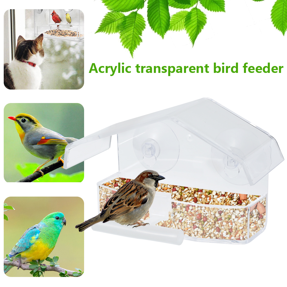 Comedero colgante para pájaros salvajes, estación de alimentación acrílica redonda transparente, contenedor de alimentos para exteriores, fuera de la ventana con ventosa para cardinales