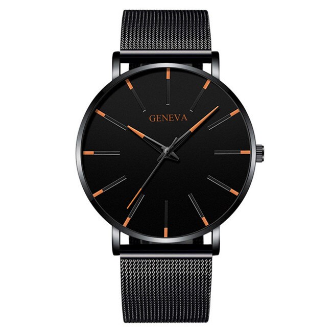 Minimalistiske herre ultra tynde ure simple herre business rustfrit stål mesh quartz ur: M sort orange
