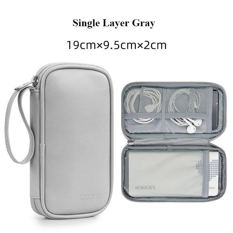 Boona Pu Lederen Draagtas Voor 20000Mah Power Bank Draagbare Trave Organizer Case Voor Externe Mobiele Batterij Kabel Mobiele telefoon: Single Gray