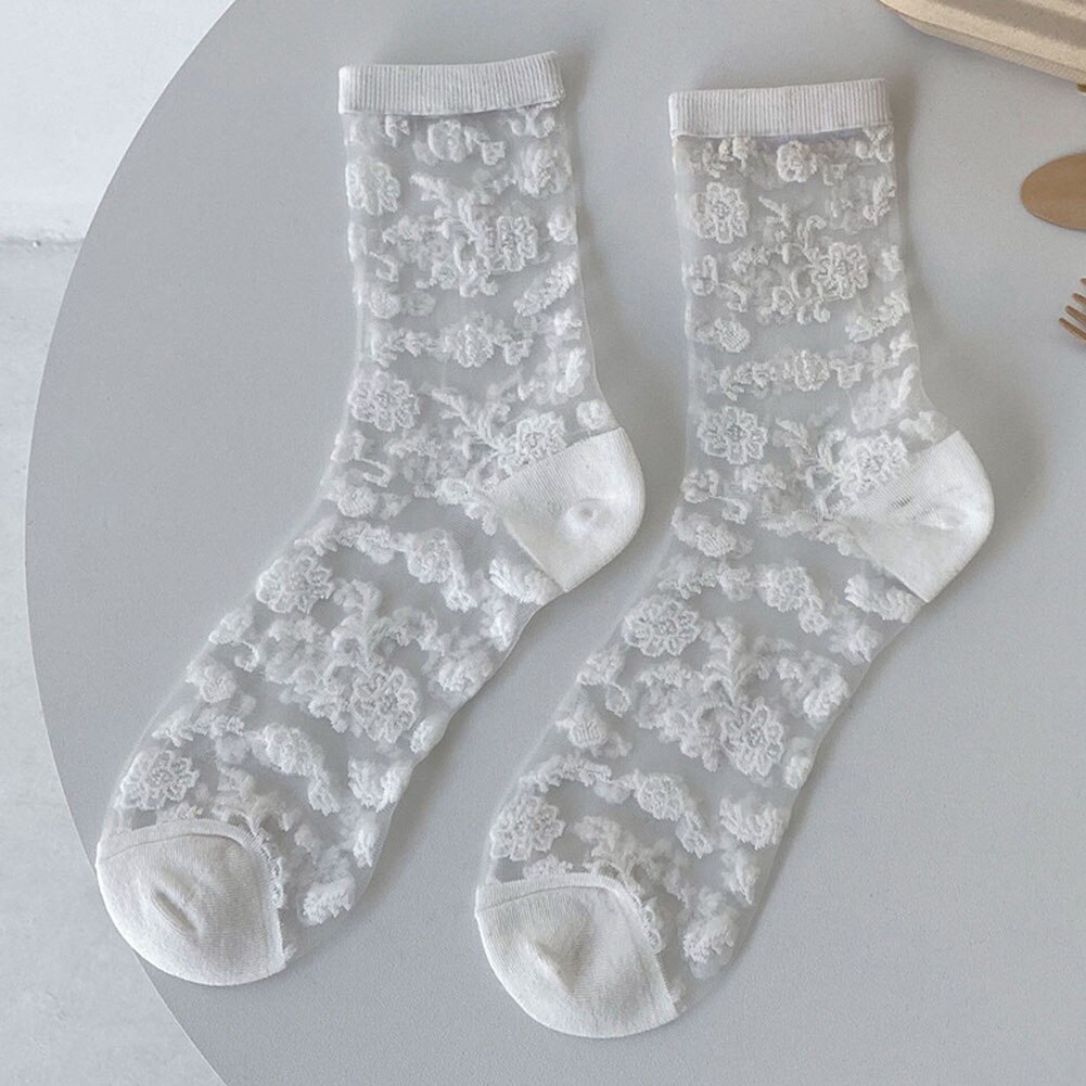 Lolita Sokken Vrouwen Sexy Glas Zijde Bloemenprint Vrouwen Transparante Sokken Vintage Voor Jk Meisje Kleding Accessoires: WHITE