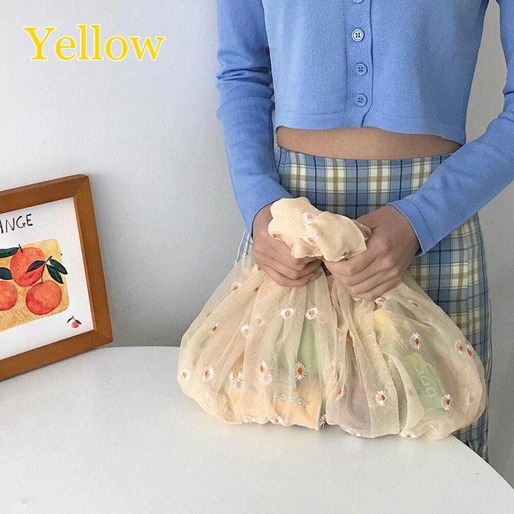 Handmade Flower Embroidery Hand Bag Women Casual Shopping Tote Mesh Handbags Lady Travel Handbags Fast: 2-yellow