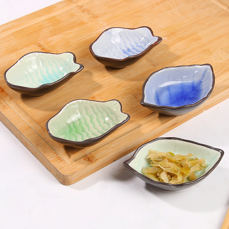 Plat Mini assiette en céramique glace fissure | Feuilles d'arbre ou Sauce de poisson, plat glacé 10x8cm (2 pièces)