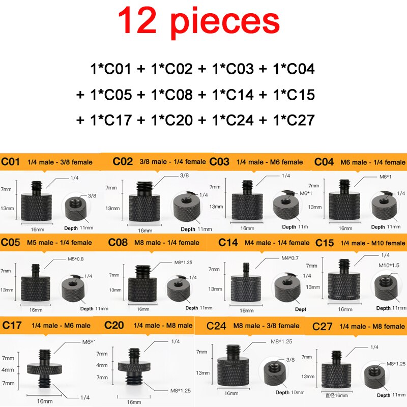 38 typ 1/4 3/8 M8 M6 męnarty na gwint żeńnarty śruba robić mocowania konwerter adapter statyw, lampa pierścieniowa, Selfie Stick, prowadnica, projektor: 12 sztuk