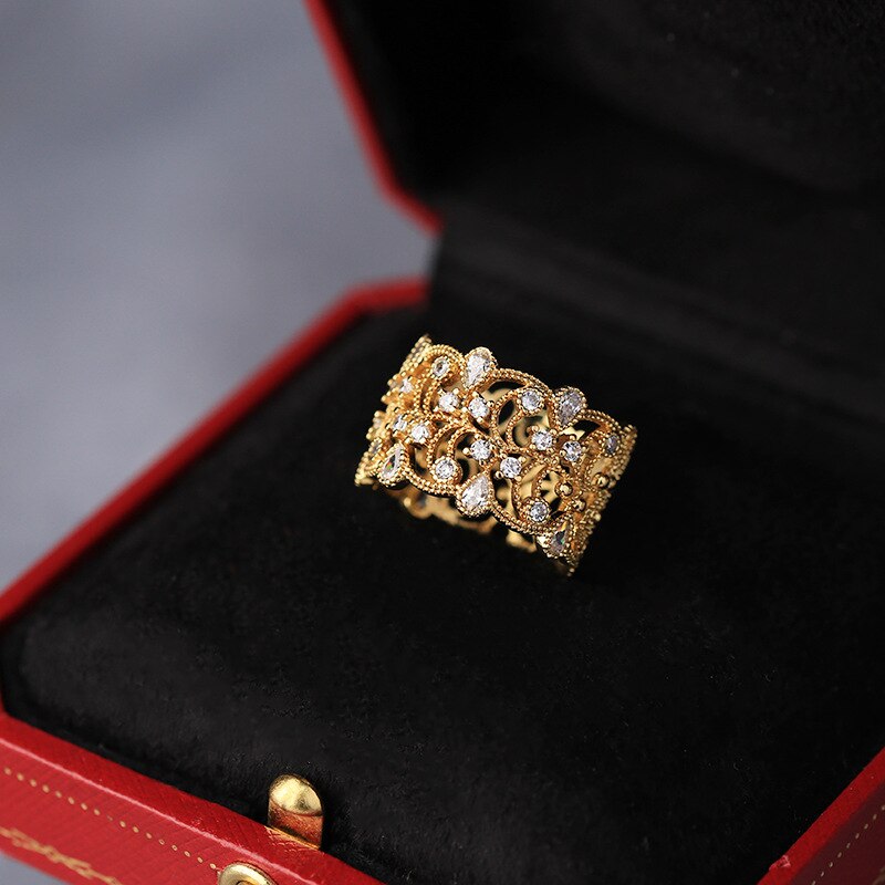 Italienische handwerkskunst, silber, vintage-stil, hofstil,  s925 silber-vergoldete ringe mit zirkonia, ausgehöhltes kleeblatt mit vier blättern, schlichtes temperament: A