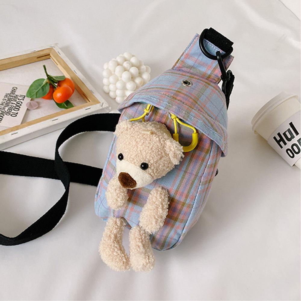 Mode Vrouwen Schattige Beer Gecontroleerd Messenger Tas Dames Canvas Tas Plaid Patroon Borst Tas Schoudertas: Blue