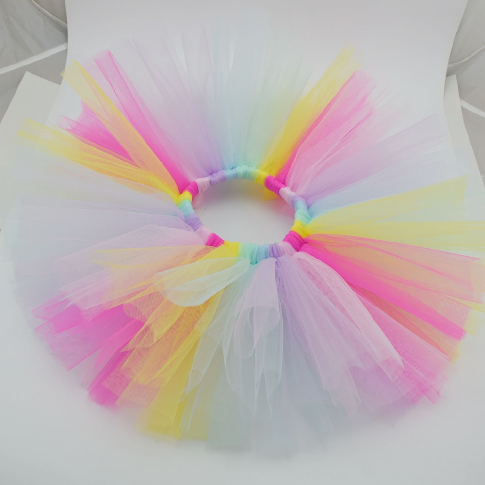 Handmade Pastel Rainbow Baby Girl Tutu Skirt Fluffy Lovely Tutus Newborn Photo Props Pettiskirt Soft Nylon Tulle