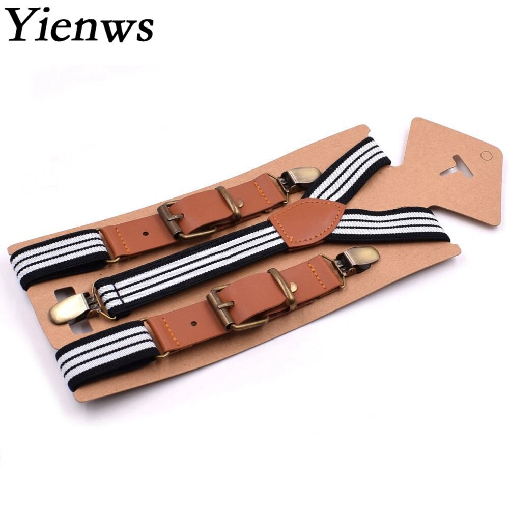 Yienws 75 cm Vintage Bretels voor Jongens Lederen Gestreepte Broek Brace Strap Kinderen Beige Wit Zwart Bretele YiA042
