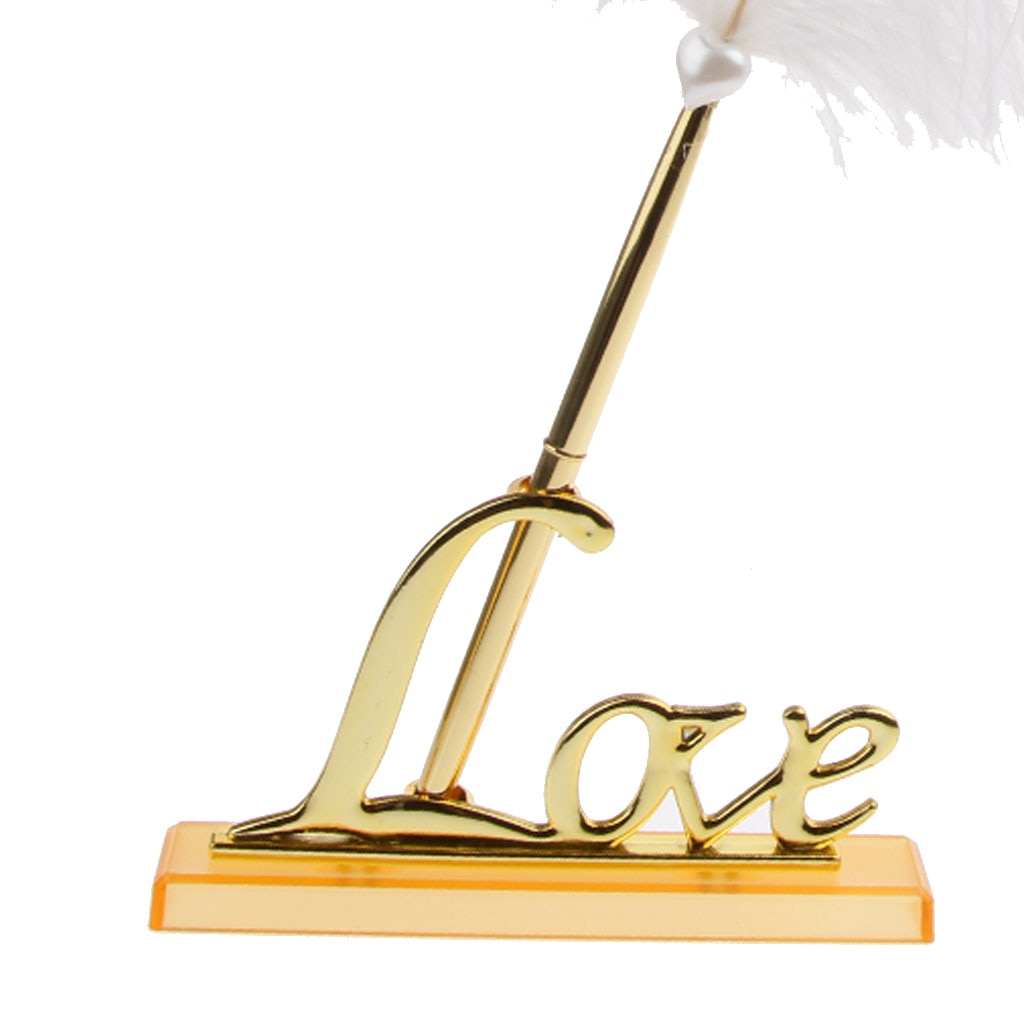 Mode Witte Veer Pen Ondertekening Gold Tone Liefde Woorden Bruiloft Handtekening Pen W/Houder