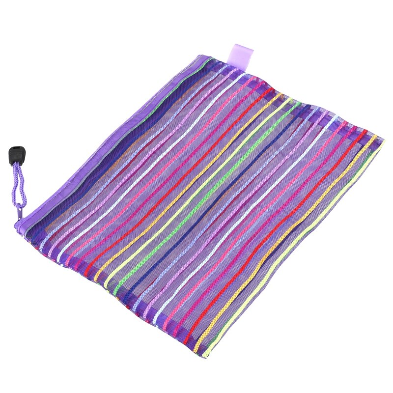 A5 Nylon Stripe Zipper Closure Documents Mesh File Bag - Purple