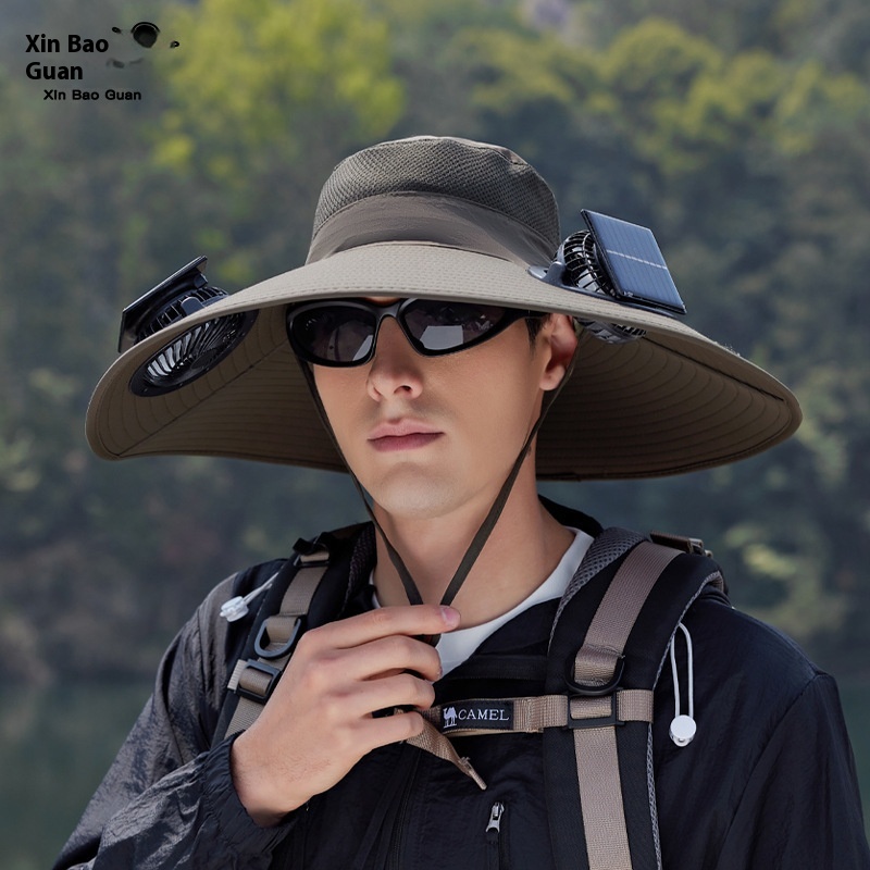 Sombrero de verano con doble ventilador con energía solar para senderismo al aire libre, pesca, sombrero con sombrilla, sombrero de pescador impermeable de secado rápido con alero grande