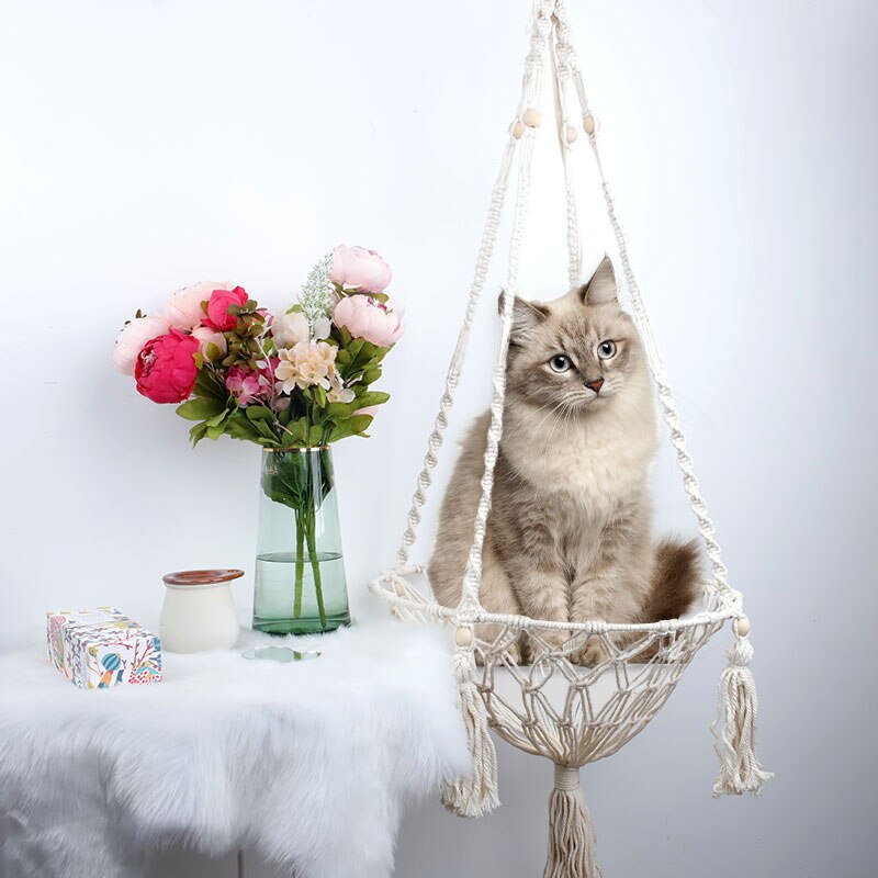 Macrame Handgemachte Webart Hängematte Für Katze Und Kleine Haustier Dekoration Hängen Zauberstab Schaukel Baumwolle Netz Tasche Bett Boho Hause Haustier Nest Dekor: S158 c24 02