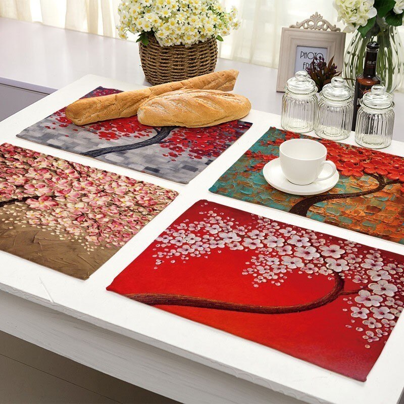 1Pcs Flower Tree Pattern Kitchen Placemat Dining Table Mat Drink Coaster Cotton Linen Pad Bowl Cup Mat 42*32cm Home Decor MP0016