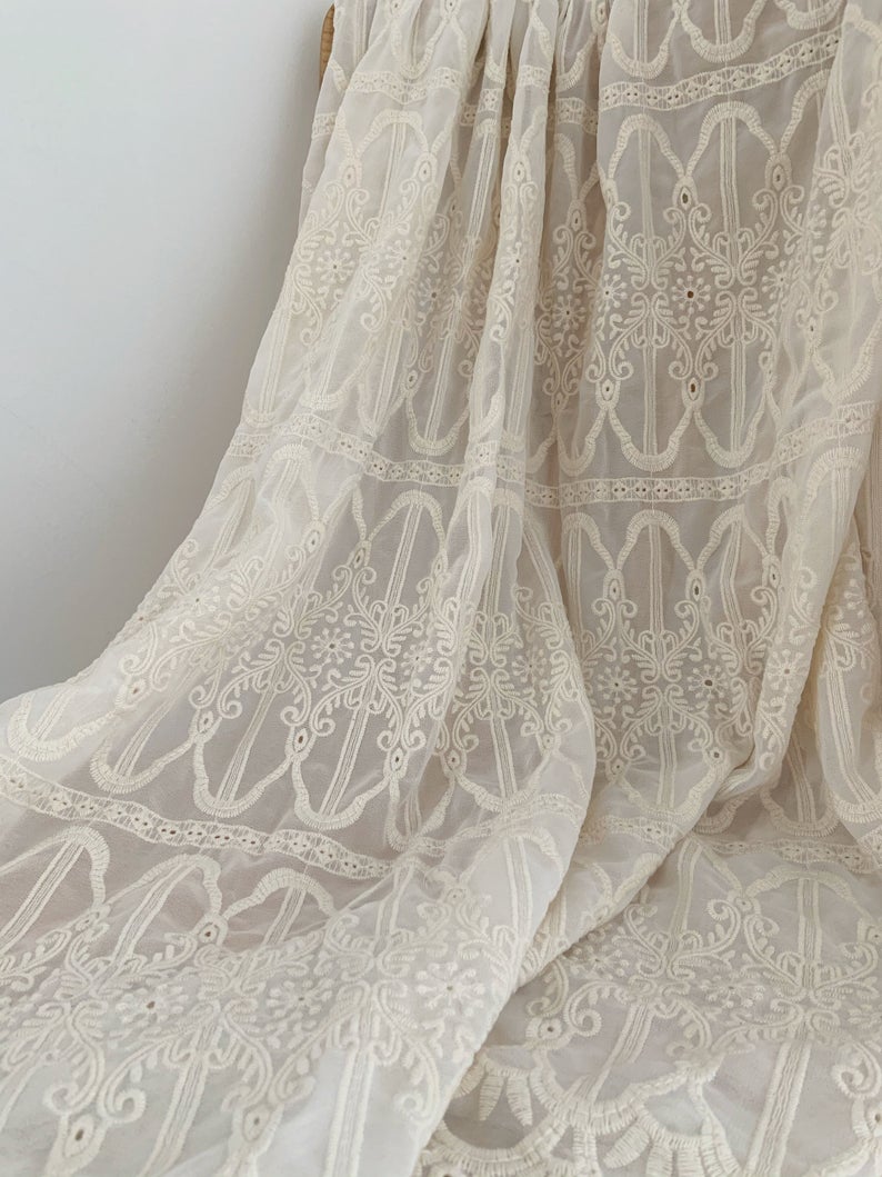 1 yard embroidered chiffon lace fabric, chiffon fabric with beige embroidery