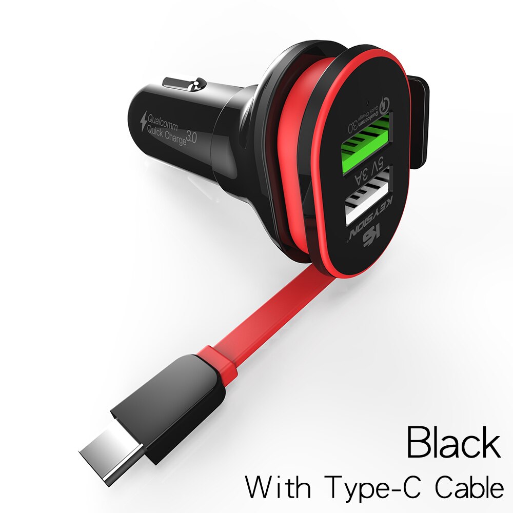 KEYSION-cargador rápido 3,0 para coche, adaptador de viaje para teléfono móvil con Cable, QC 3,0 + 5V/3A, 33W, 2 puertos