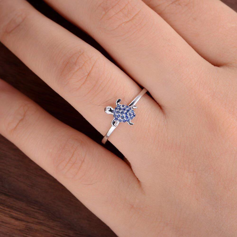 Anillos tortuga con incrustaciones de circonita azul a la para mujer anillo de boda Vintage tortuga Animal anillo océano playa joyería