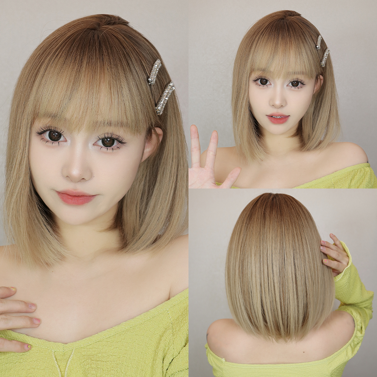 Korte Bob Synthetische Pruiken Zwart Bruin Steil Haar Pruik met Pony Natuurlijke Synthetische Haar Pruik Voor vrouwen Dagelijks Feest Cosplay Gebruik: T1B/PAARS