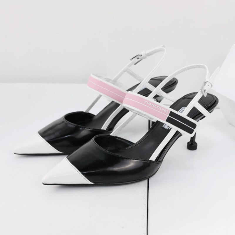 Stitching Pink color high heels women Pointed kitten heel sandals women Thin back slingback women pumps shoes
