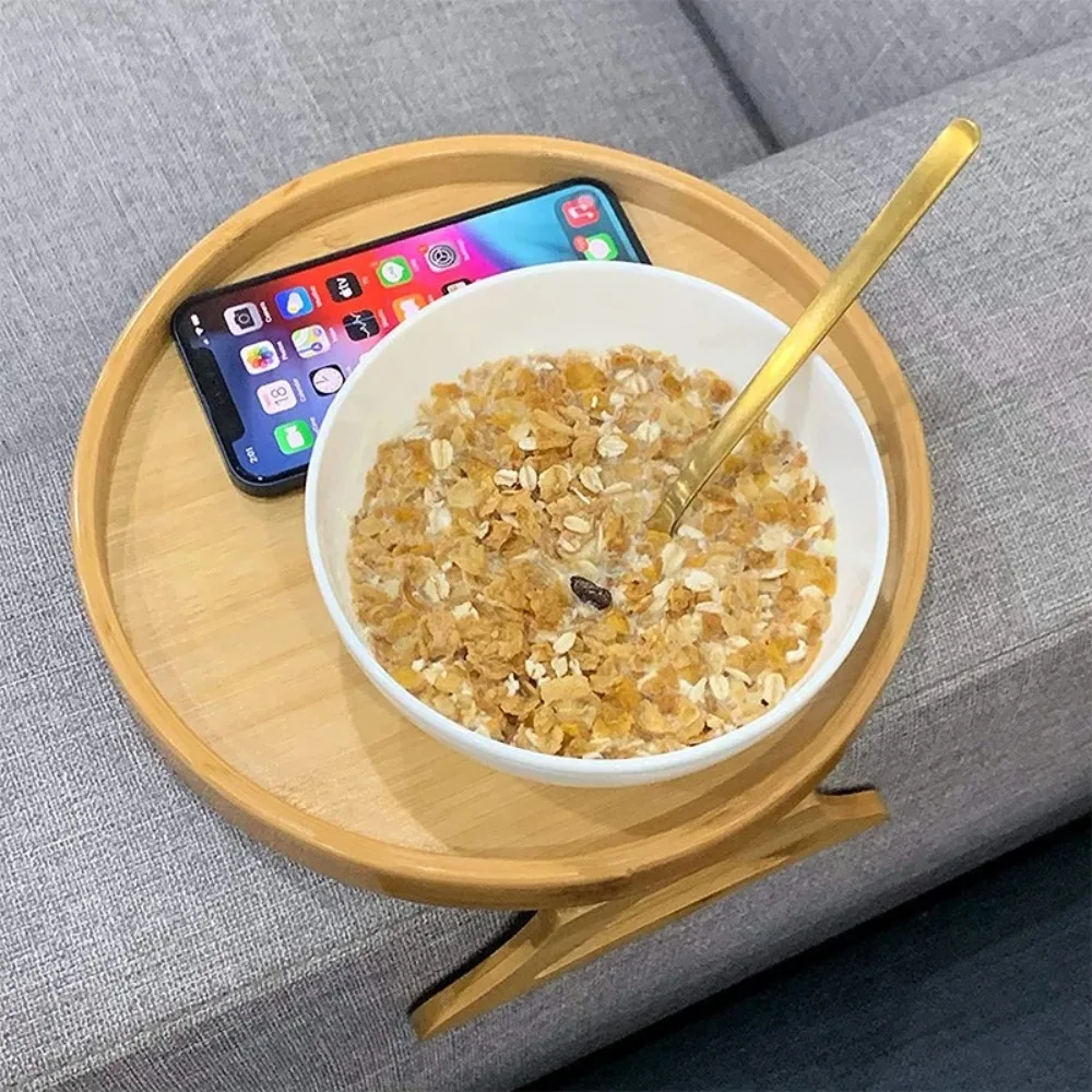 Bandeja para sofá, mesa, bandeja para sofá de madera Natural, práctico y portátil, reposabrazos para sofá, placa multifuncional para aperitivos de frutas perezosas con Clip