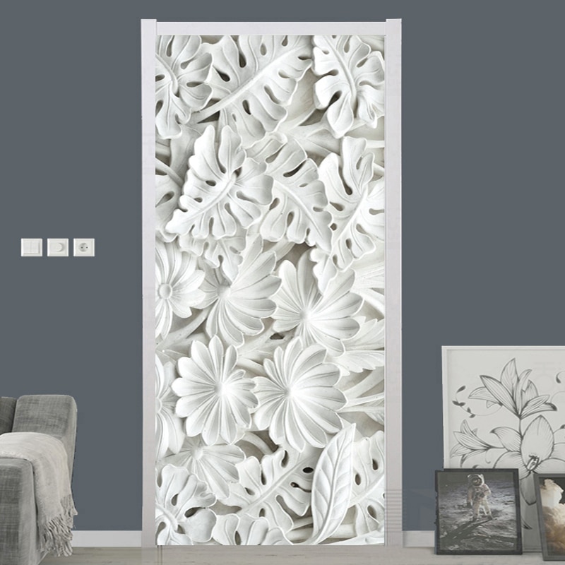 Pegatina autoadhesiva de puerta 3D, patrón de hojas blancas estéreo, sala de estar de yeso para papel tapiz, dormitorio, decoración del hogar, pegatinas impermeables de PVC