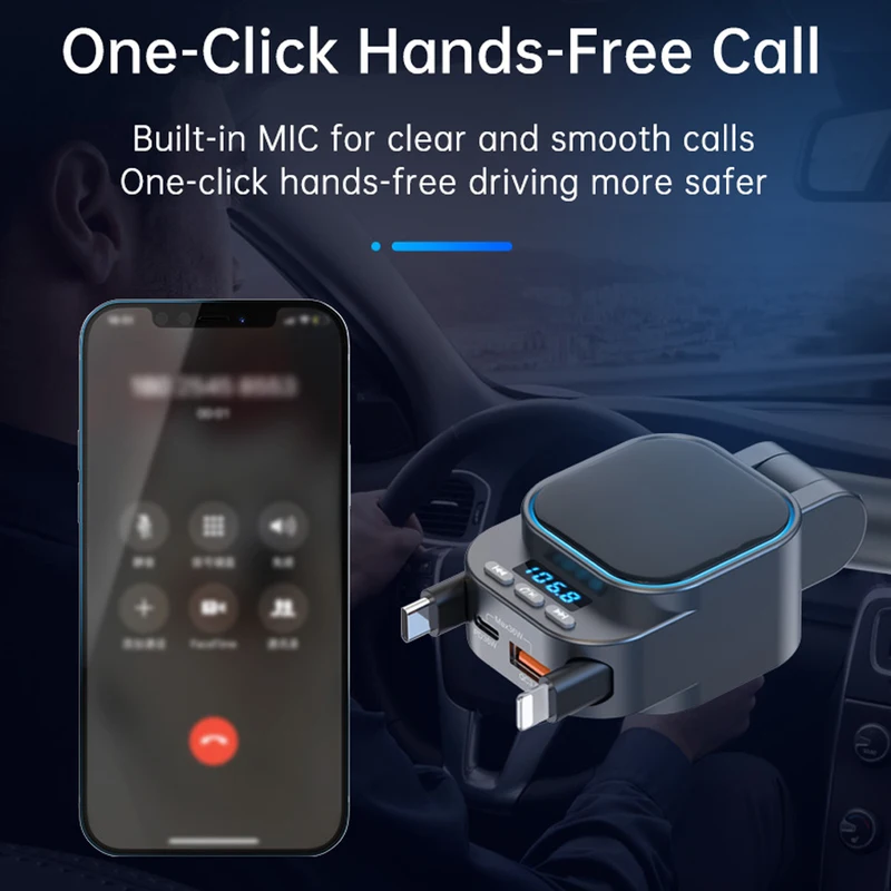 Trasmettitore FM robot VR Lettore MP3 per auto Bluetooth 5.3 Caricatore rapido per auto da 96 W con 2 cavi retrattili per telefono